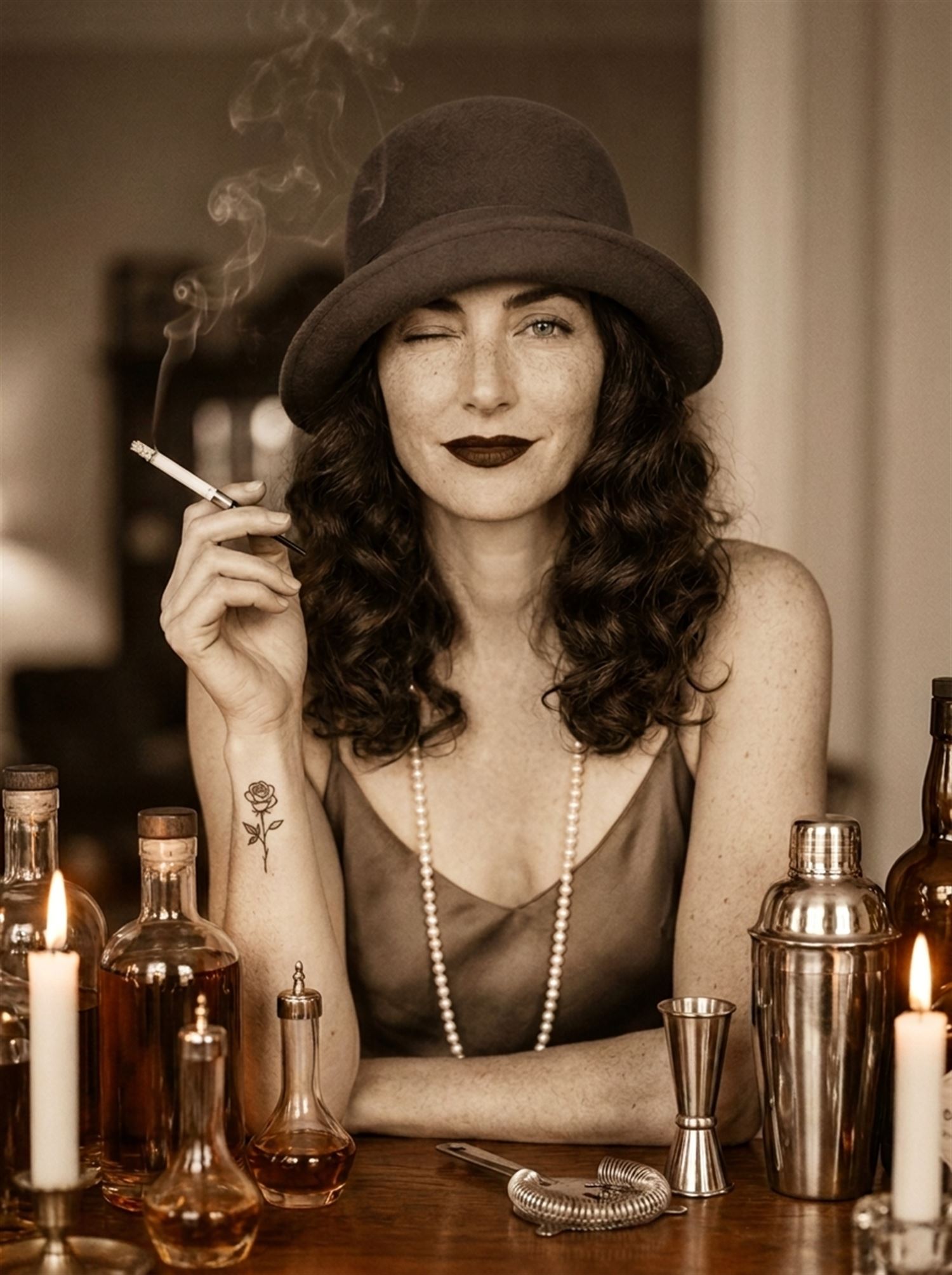 Belle Cora — Barbary Belle's namesake muse in a 1920s portrait, cloche hat and pearls, a knowing wink through cigarette smoke over a cocktail