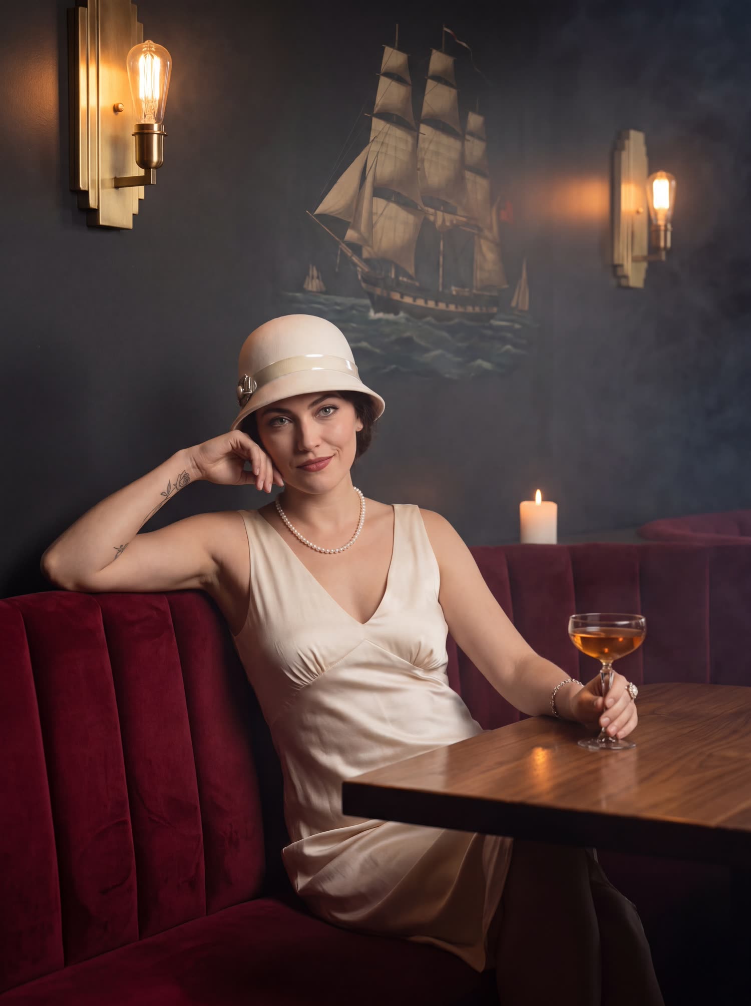 Bellewink at a crimson velvet banquette beneath the SF Barbary Coast mural