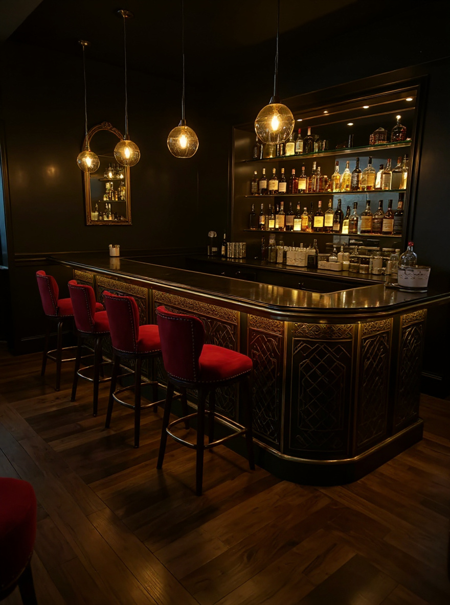 Barbary Belle main bar — L-shape counter, crimson stools, brass tile backsplash, gilded mirror